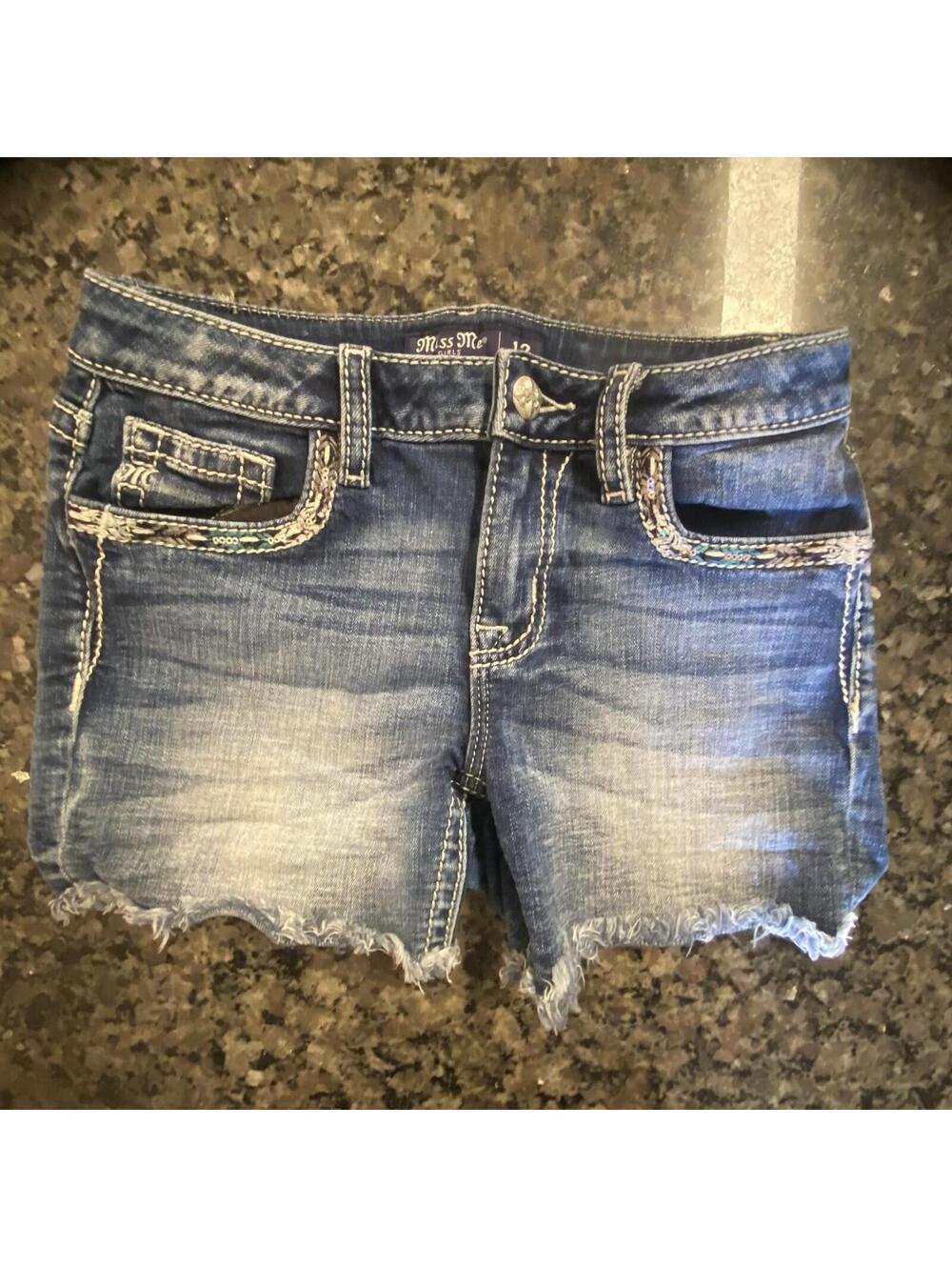 Miss Me Girls Size 12 Blue Denim Cut-Off Shorts Pockets Adjustable Waist Casual